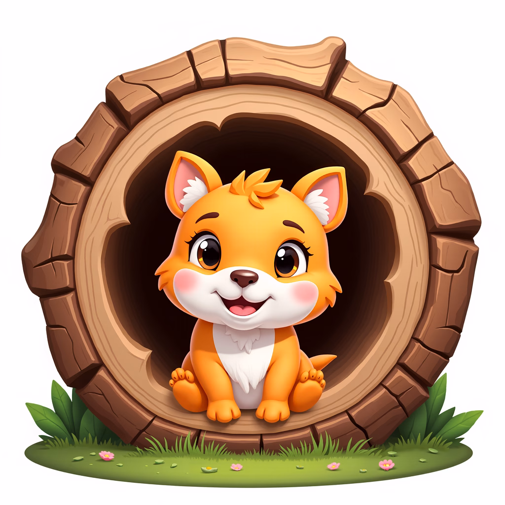 A cute fox peeking out from a wooden hole, surrounded by greenery and flowers.