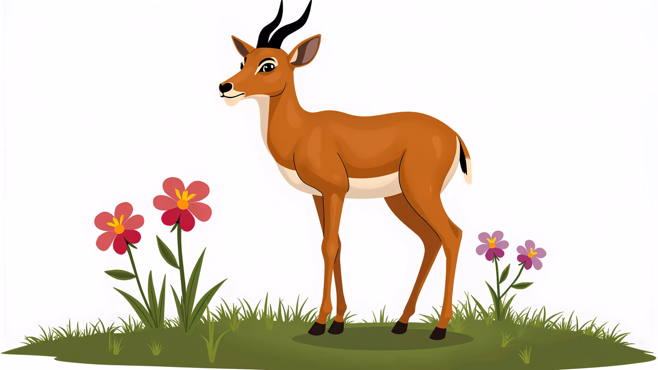 A cheerful gazelle surrounded by colorful flowers in a peaceful garden setting.