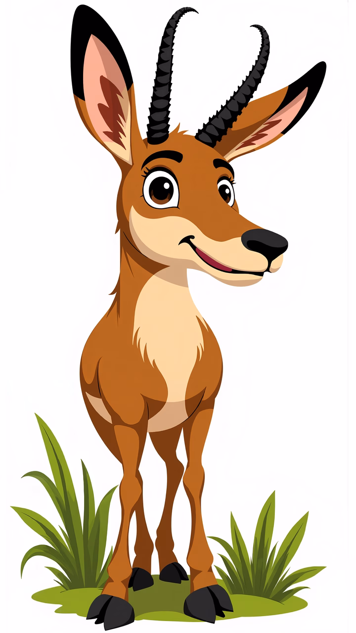 A cute cartoon gazelle standing on a grassy patch, smiling warmly.