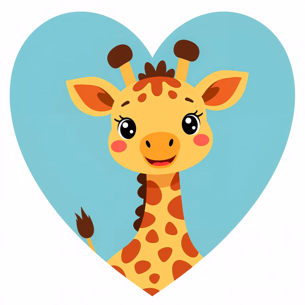 A cute giraffe with big eyes and a heart background, perfect for children’s art.