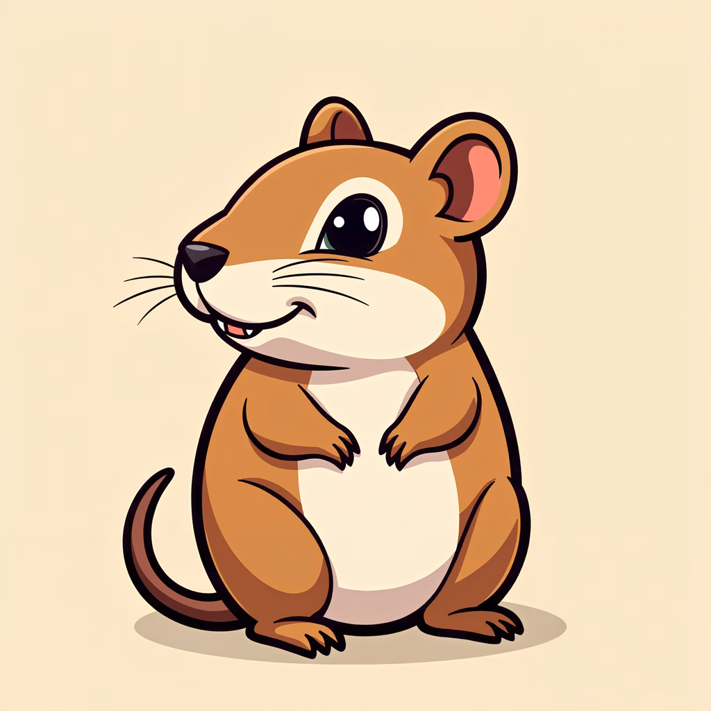 A cute cartoon hamster with big eyes and a friendly smile, perfect for children's books and illustrations.