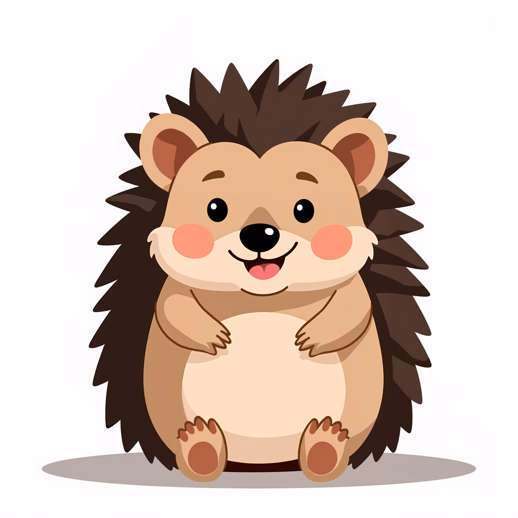 A friendly cartoon hedgehog with rosy cheeks and big eyes.