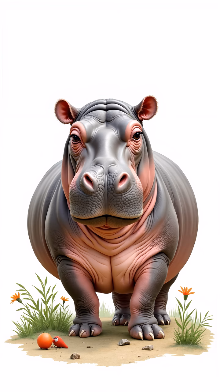 Whimsical cartoon hippo in a serene natural setting.