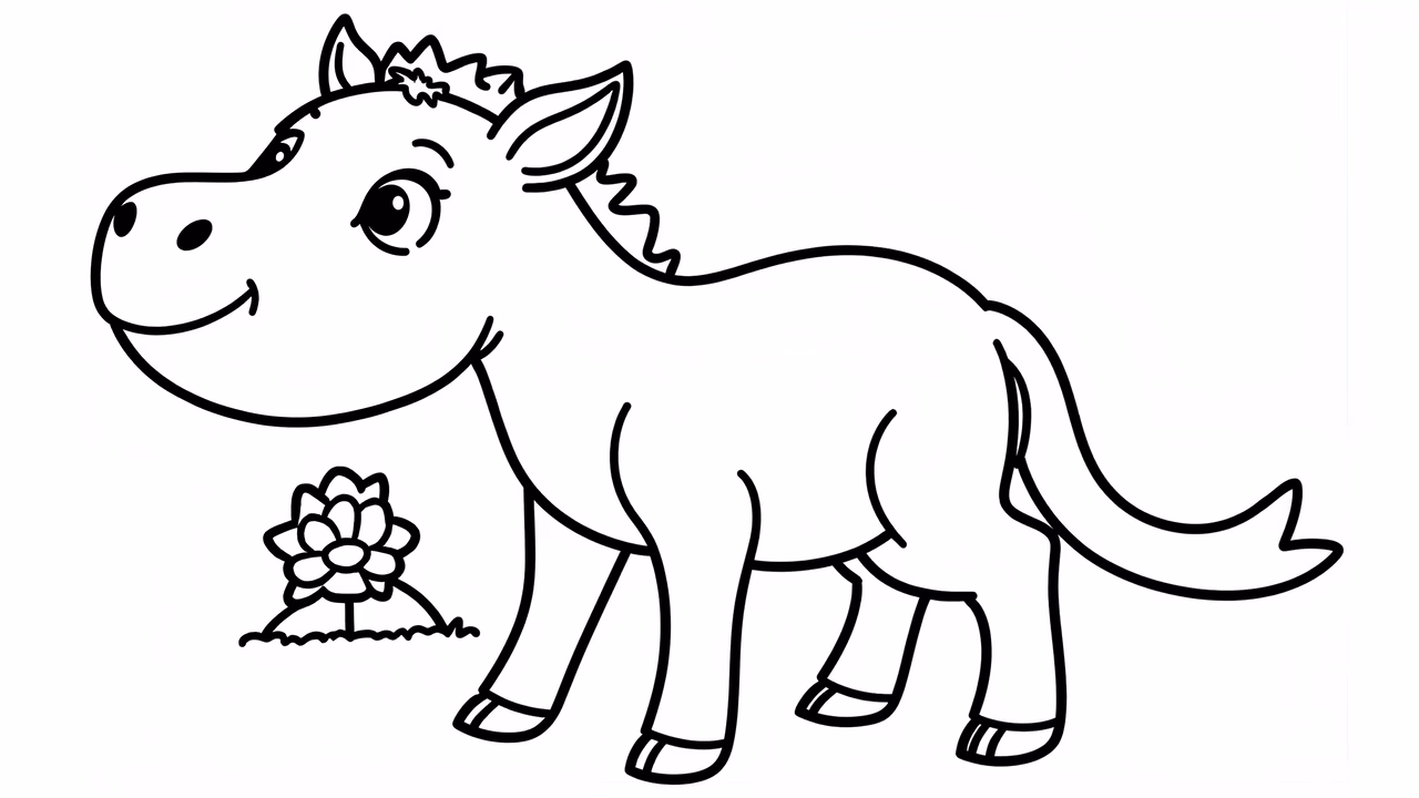 A cute cartoon horse beside a flower, ideal for kids' art.