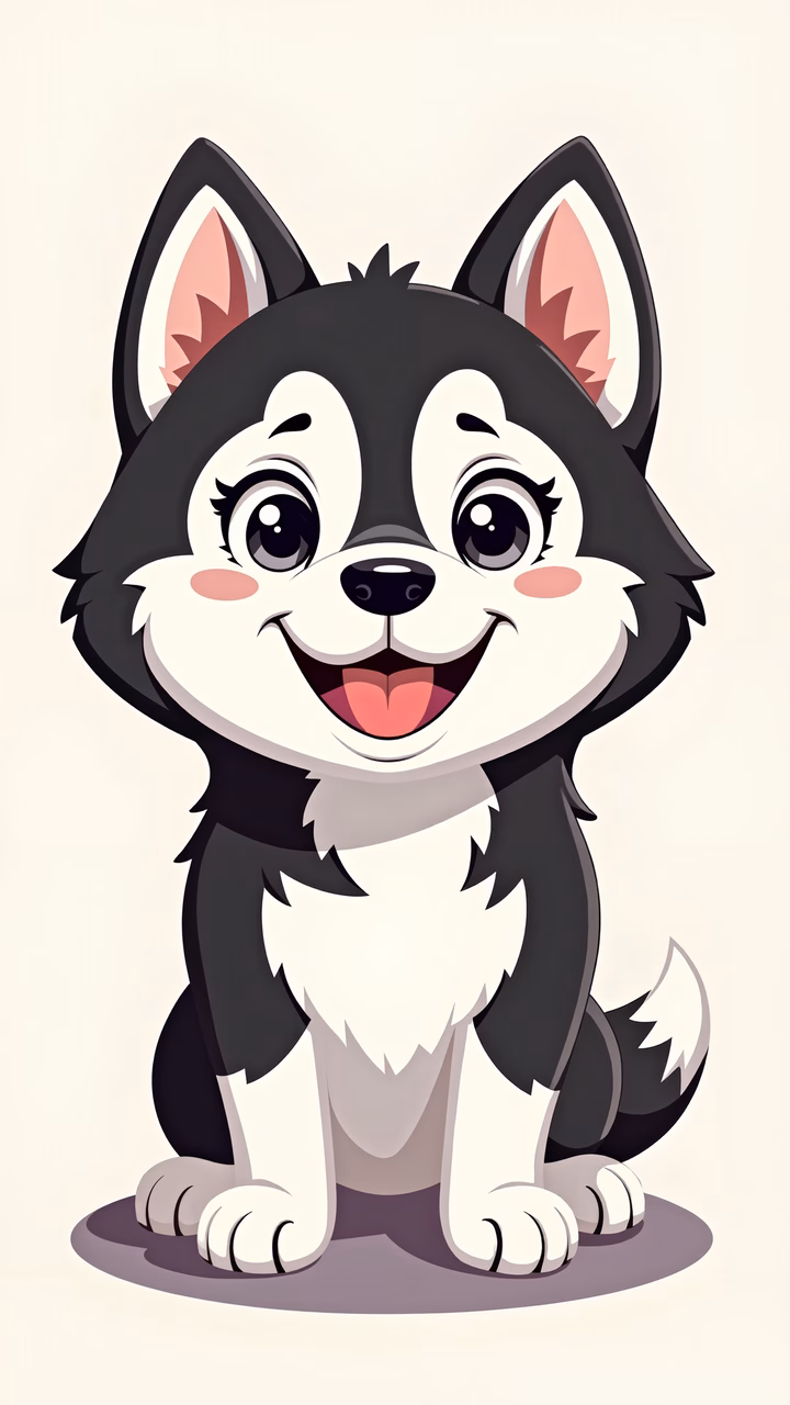 A cute cartoon husky puppy with a big smile and expressive eyes.