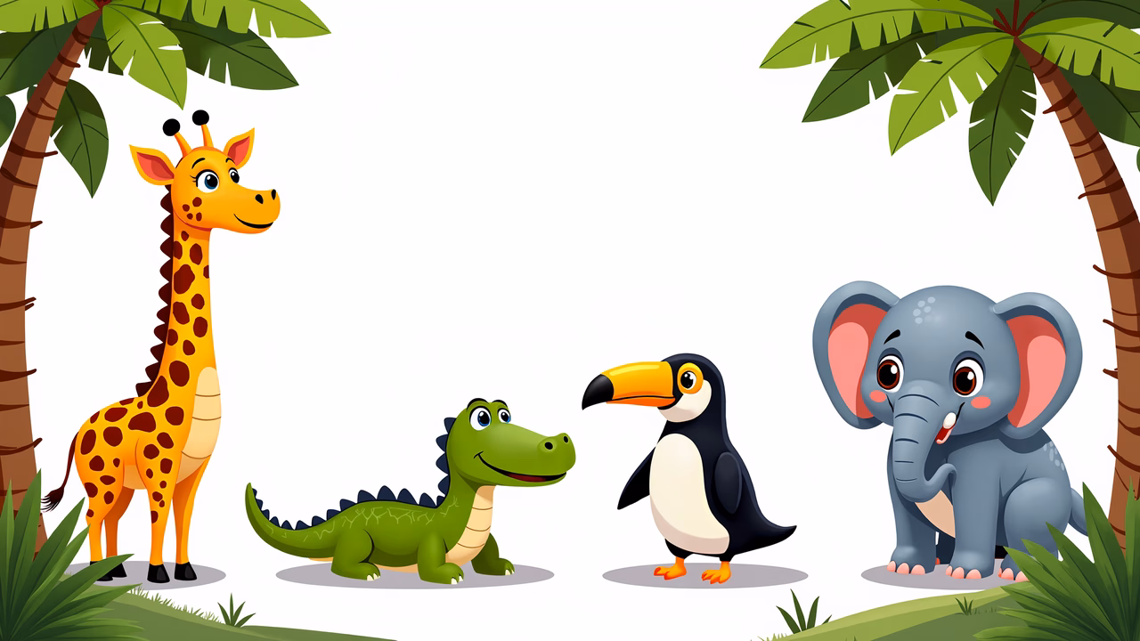 Brightly colored cartoon animals in a tropical setting.