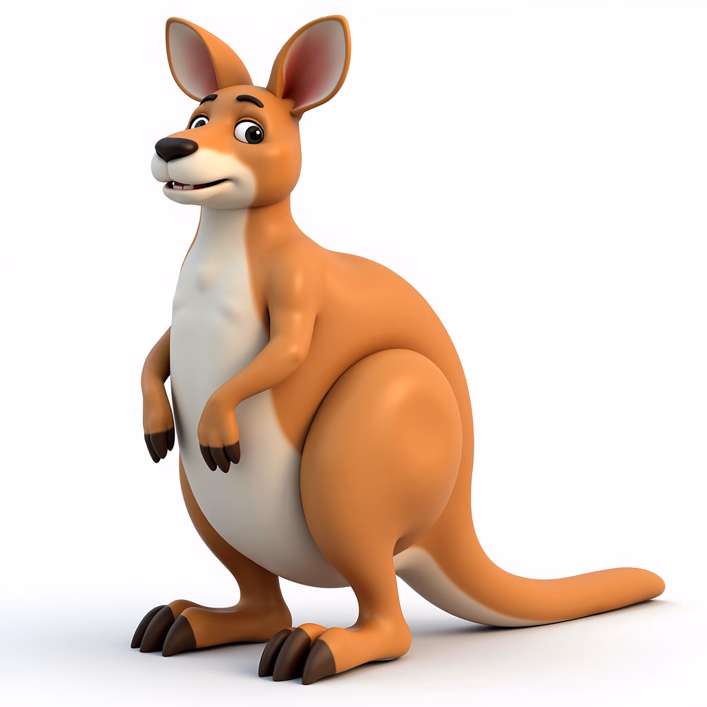 A cute cartoon kangaroo with a friendly expression and soft colors.