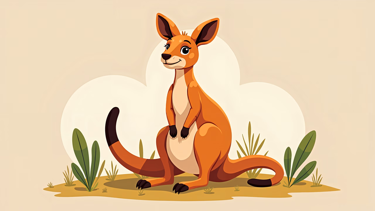 A cute, cartoon-style kangaroo sitting among plants, perfect for children’s books or educational materials.