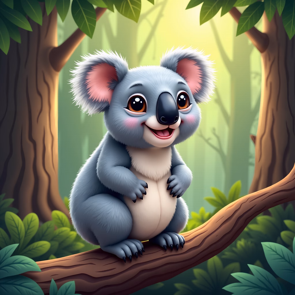 A cute cartoon koala sitting on a tree branch in a tranquil forest setting.