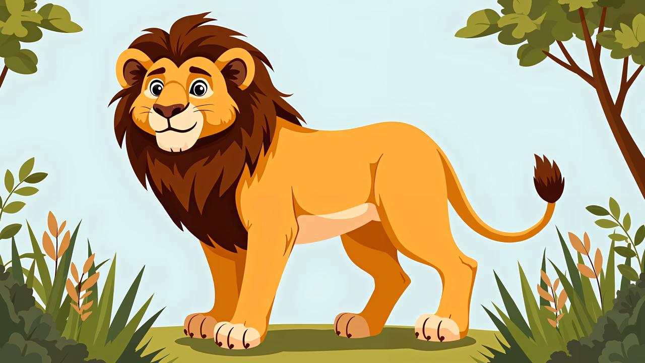 A cheerful cartoon lion in a lush green landscape.