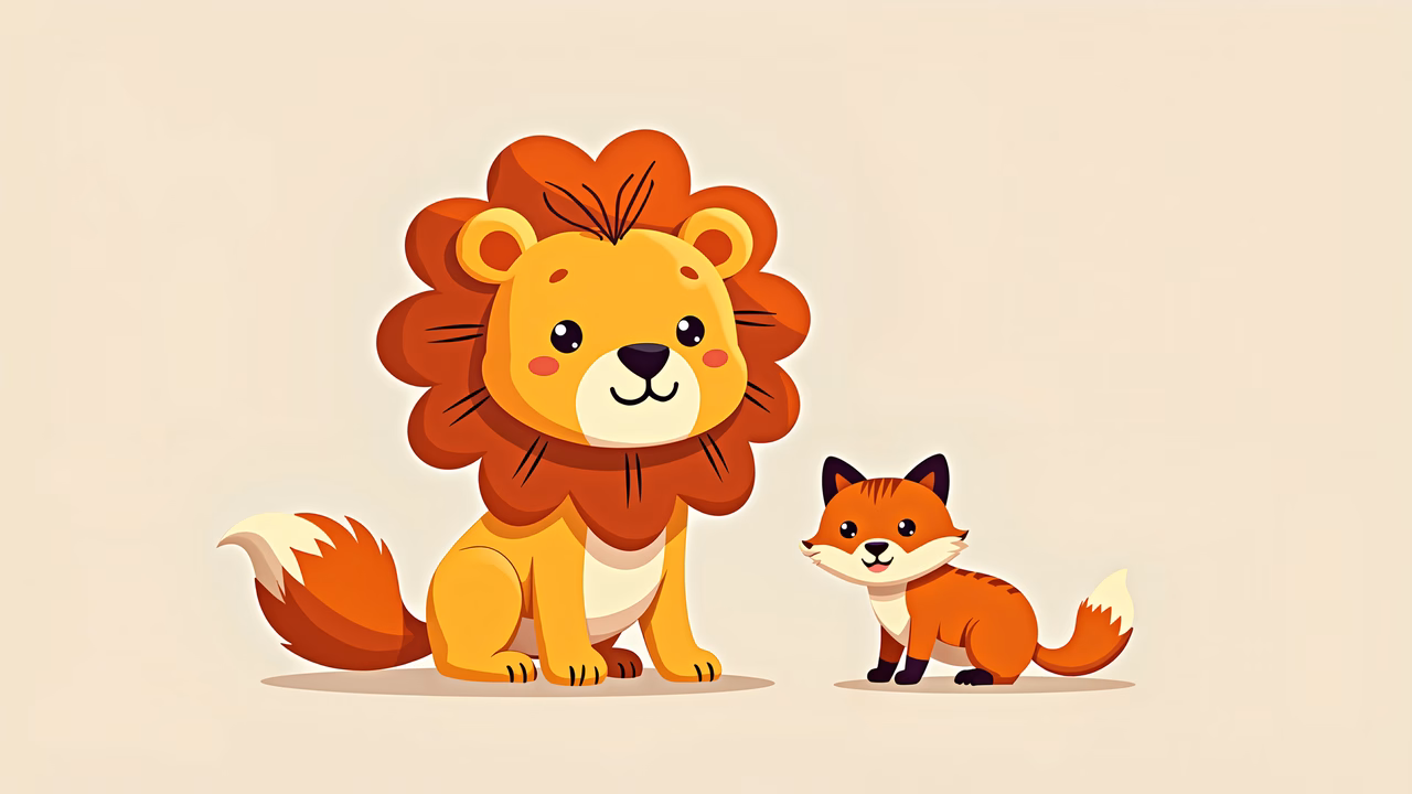 Cute cartoon lion and fox sitting together, perfect for children's art.