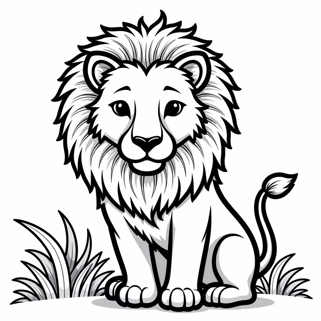 A charming cartoon lion sitting in grass, black and white, classic style.