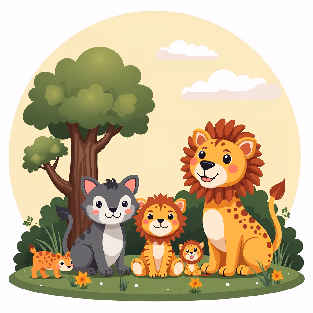 A joyful lion family in a colorful forest setting.