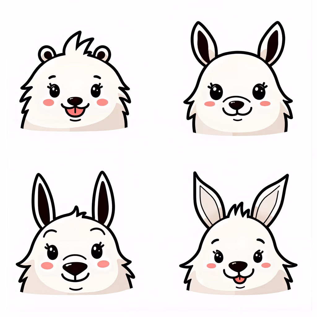 Four cute cartoon llamas with expressive faces and fluffy white fur.