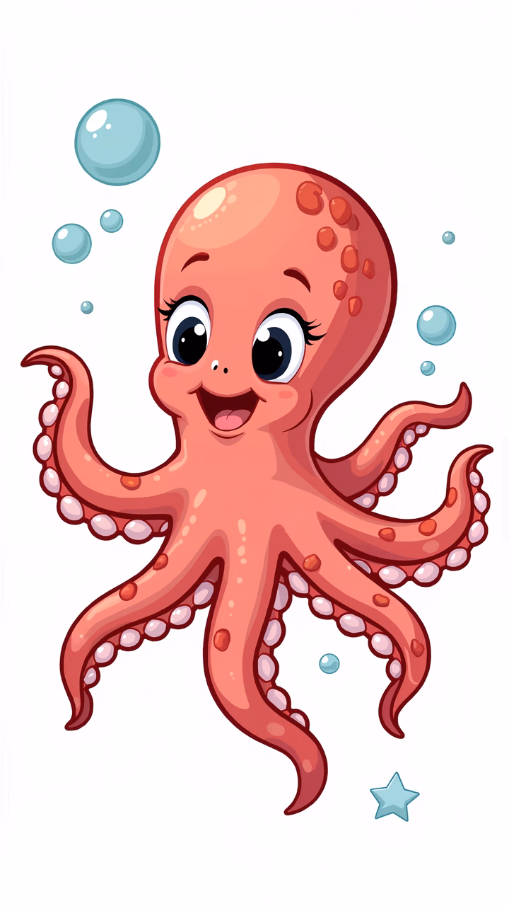 A cute, cartoon octopus with big eyes and bubbles, perfect for children’s art.