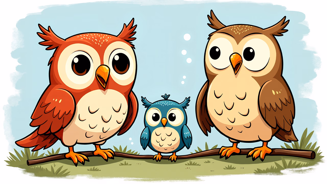 A cute cartoon owl family sitting together on a branch under a blue sky.