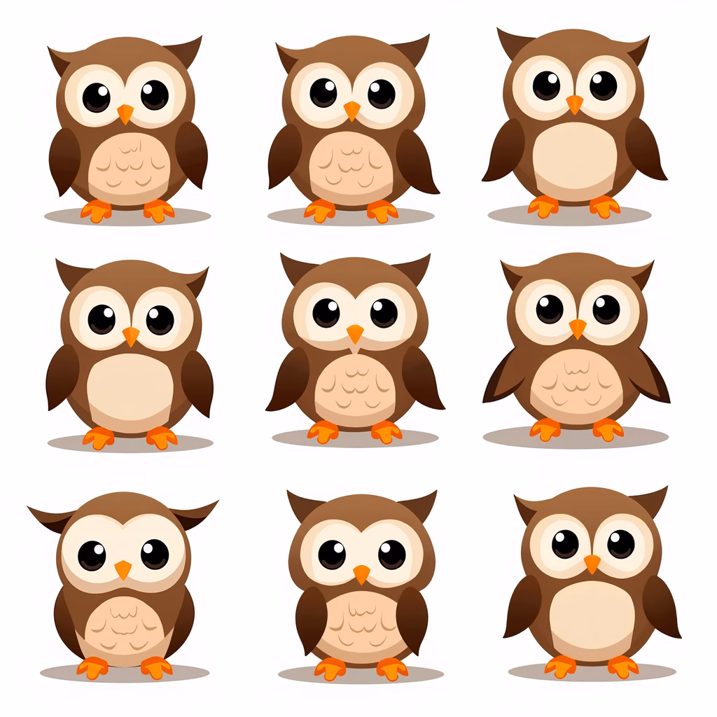 Nine cute cartoon owls in a 3x3 grid, each with big eyes and soft colors.