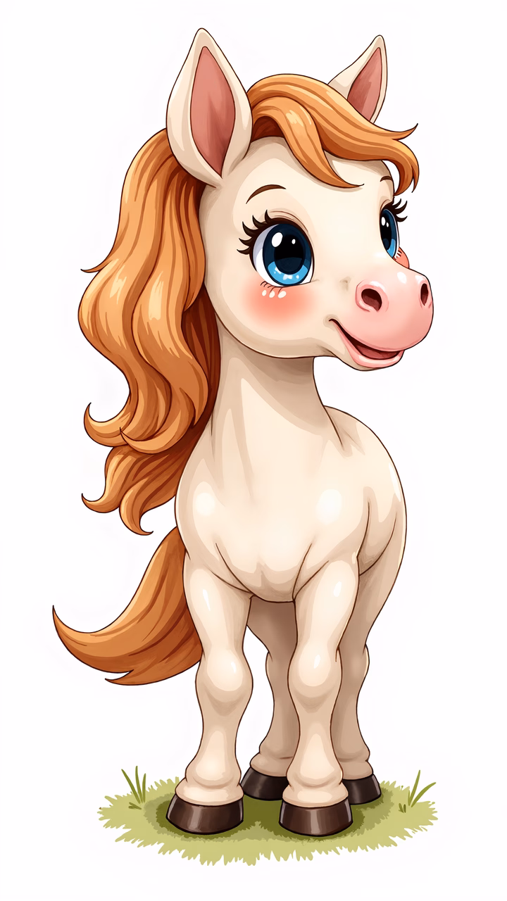 A sweet cartoon pony with big eyes and a happy face.