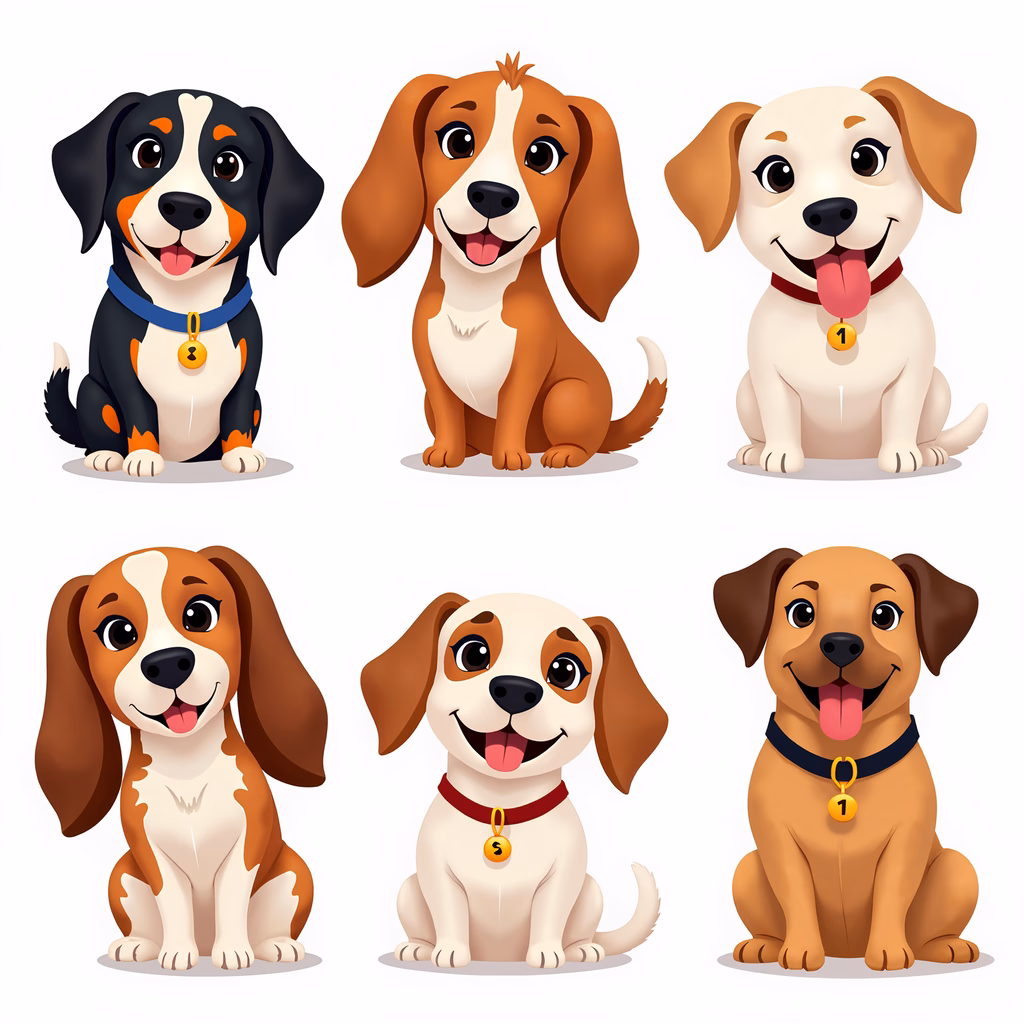 Cute cartoon puppies with unique fur patterns and accessories, exuding joy and playfulness.