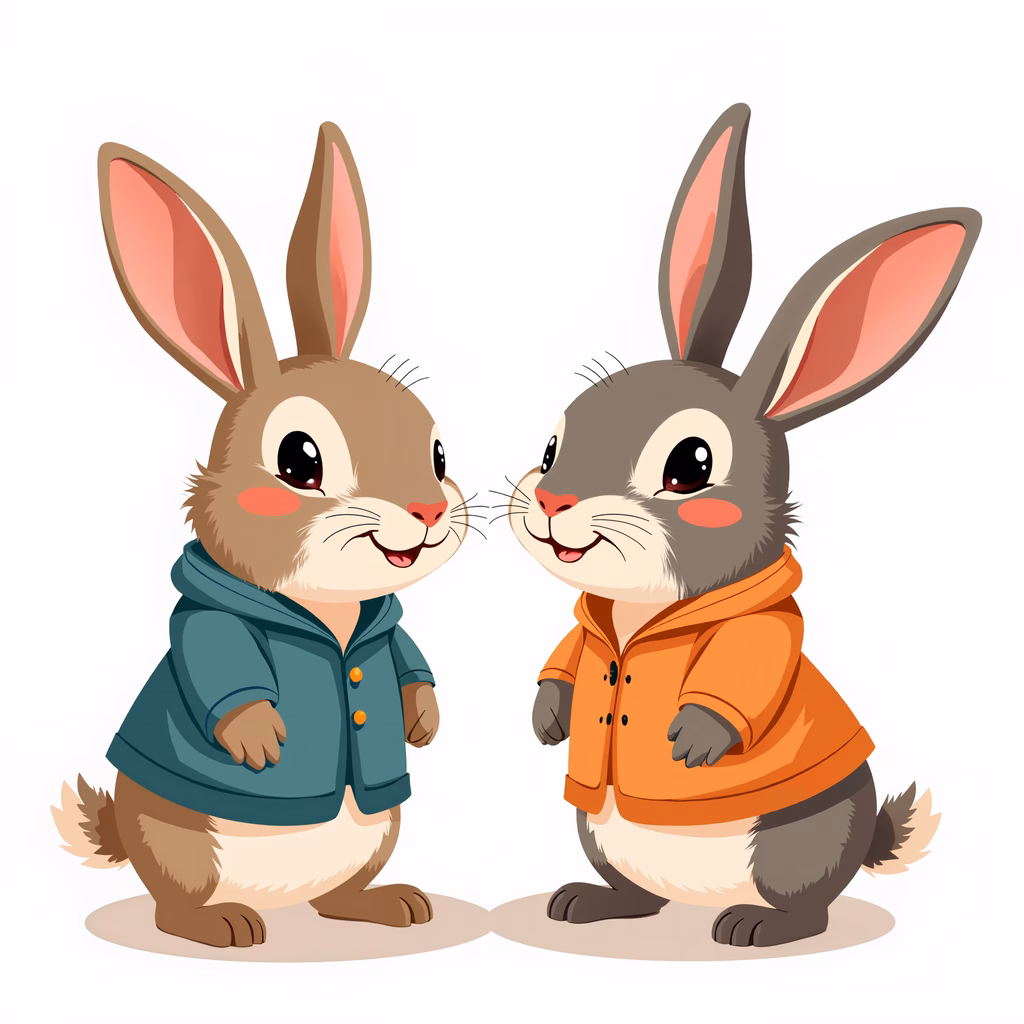 Two cute cartoon rabbits in cozy jackets, smiling warmly.