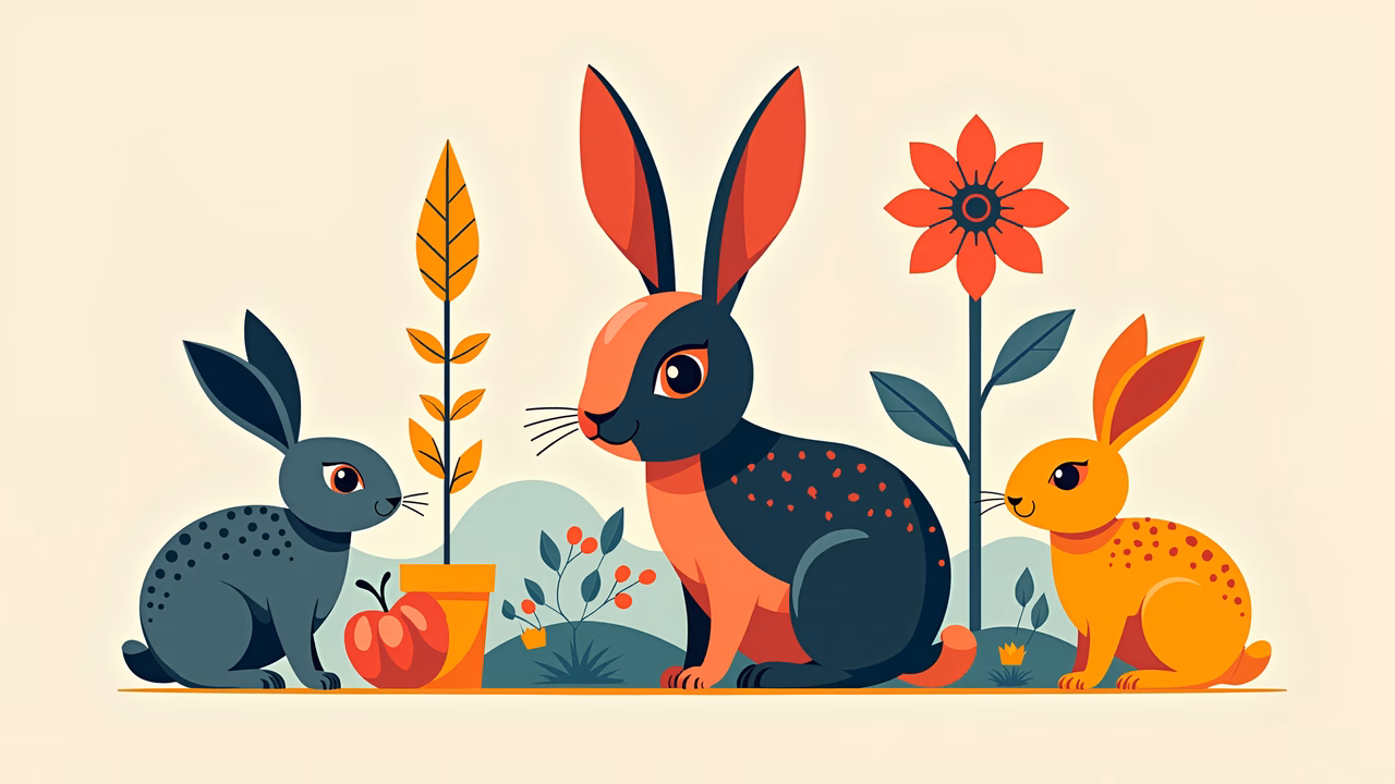 Whimsical rabbits in a colorful garden setting
