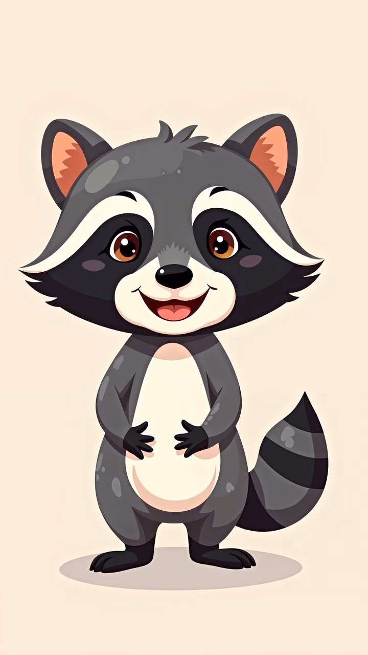 A cute cartoon raccoon with a friendly expression, perfect for children's art.