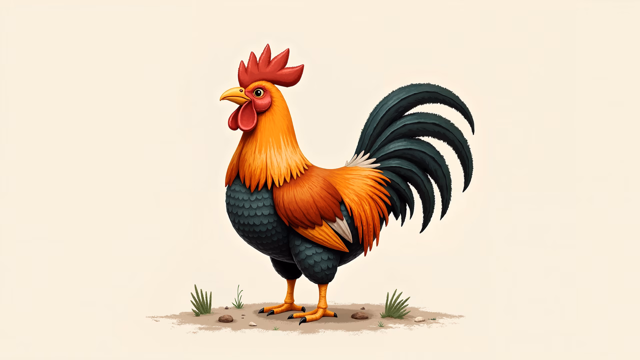 Brightly colored cartoon rooster standing on sandy ground with green plants around it.