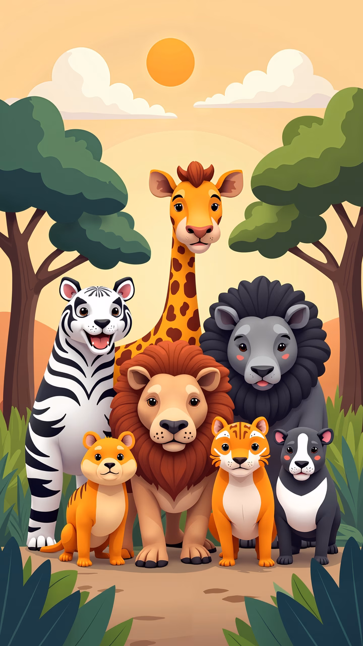 A group of cheerful safari animals in a lush forest under a warm sunset.