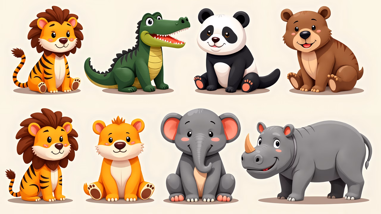 Brightly colored cartoon safari animals in a playful scene.