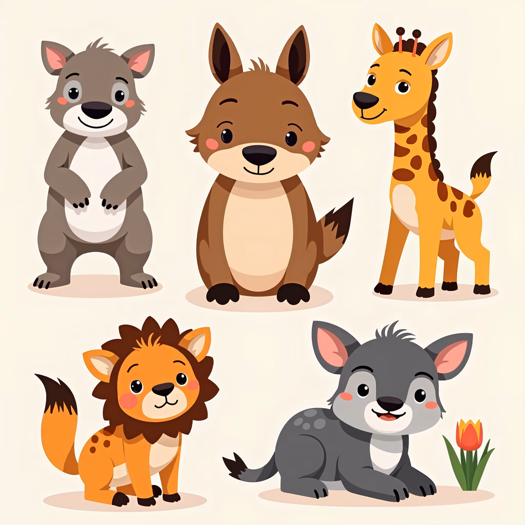 Cute cartoon safari animals in a friendly group pose.
