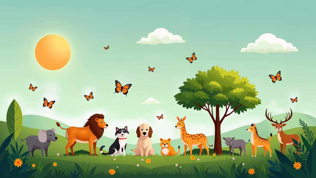 A colorful cartoon depiction of safari animals enjoying a sunny day.