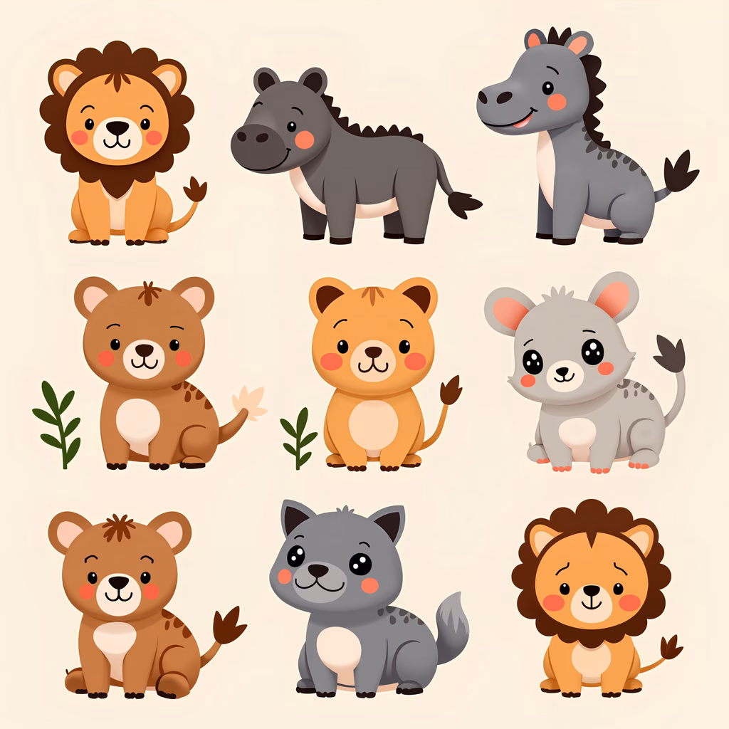Cute cartoon safari animals in a playful and friendly style.
