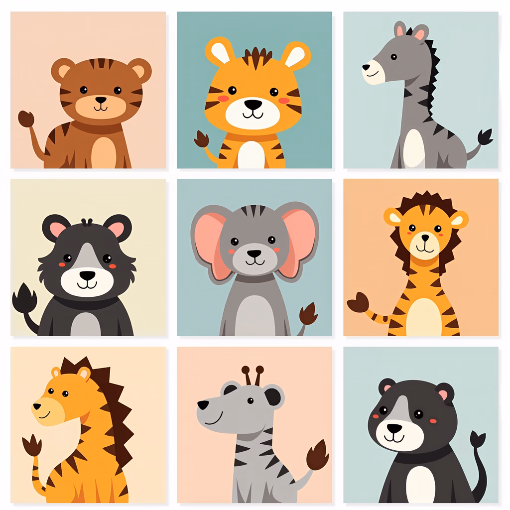 Cute cartoon safari animals in a playful, pastel-themed illustration.