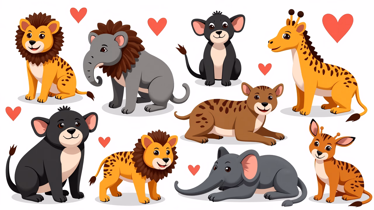 Brightly colored cartoon safari animals in a playful arrangement.