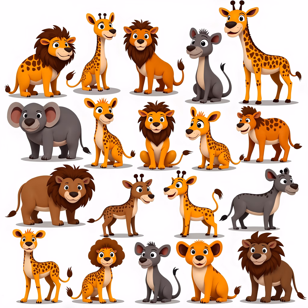 Brightly colored cartoon safari animals in a cheerful, playful style.
