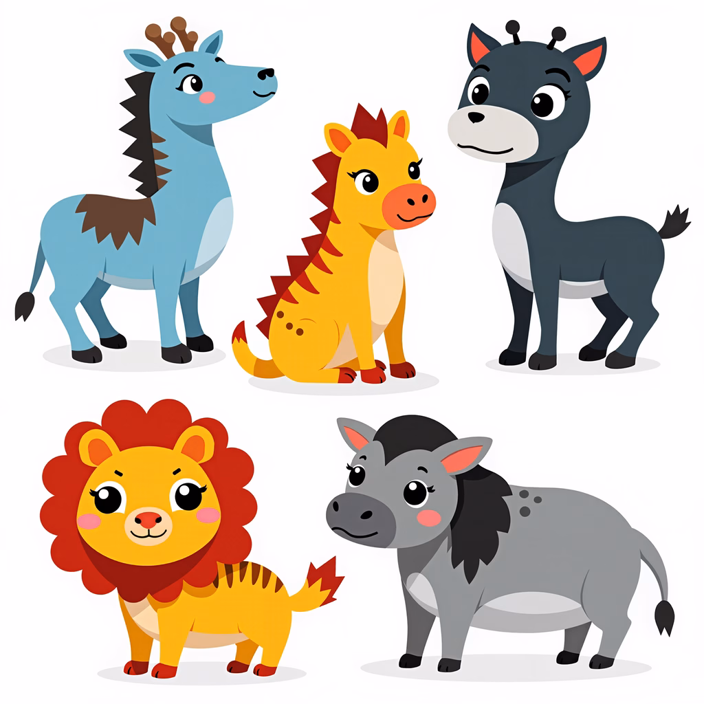 Brightly colored cartoon safari animals in a playful design.