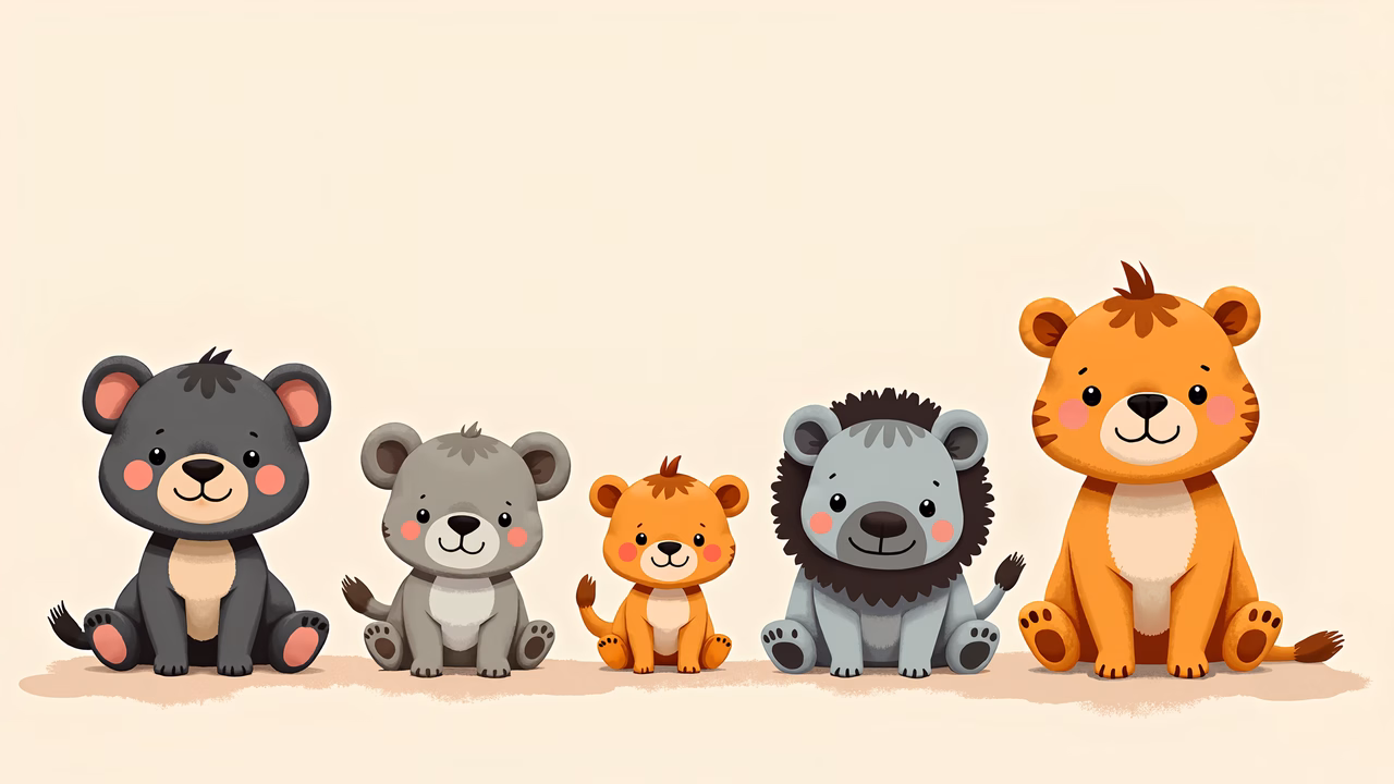 Cute cartoon animals sitting together in a friendly group, perfect for kids' art.