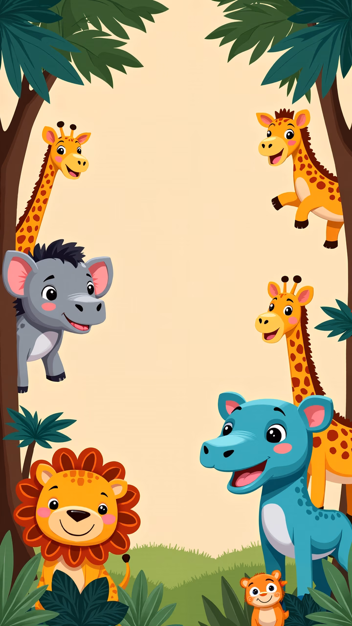 Brightly colored cartoon animals in a jungle setting, perfect for children's decor.