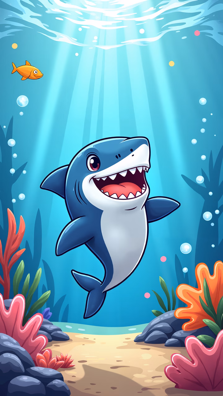 A friendly cartoon shark in a colorful underwater world.