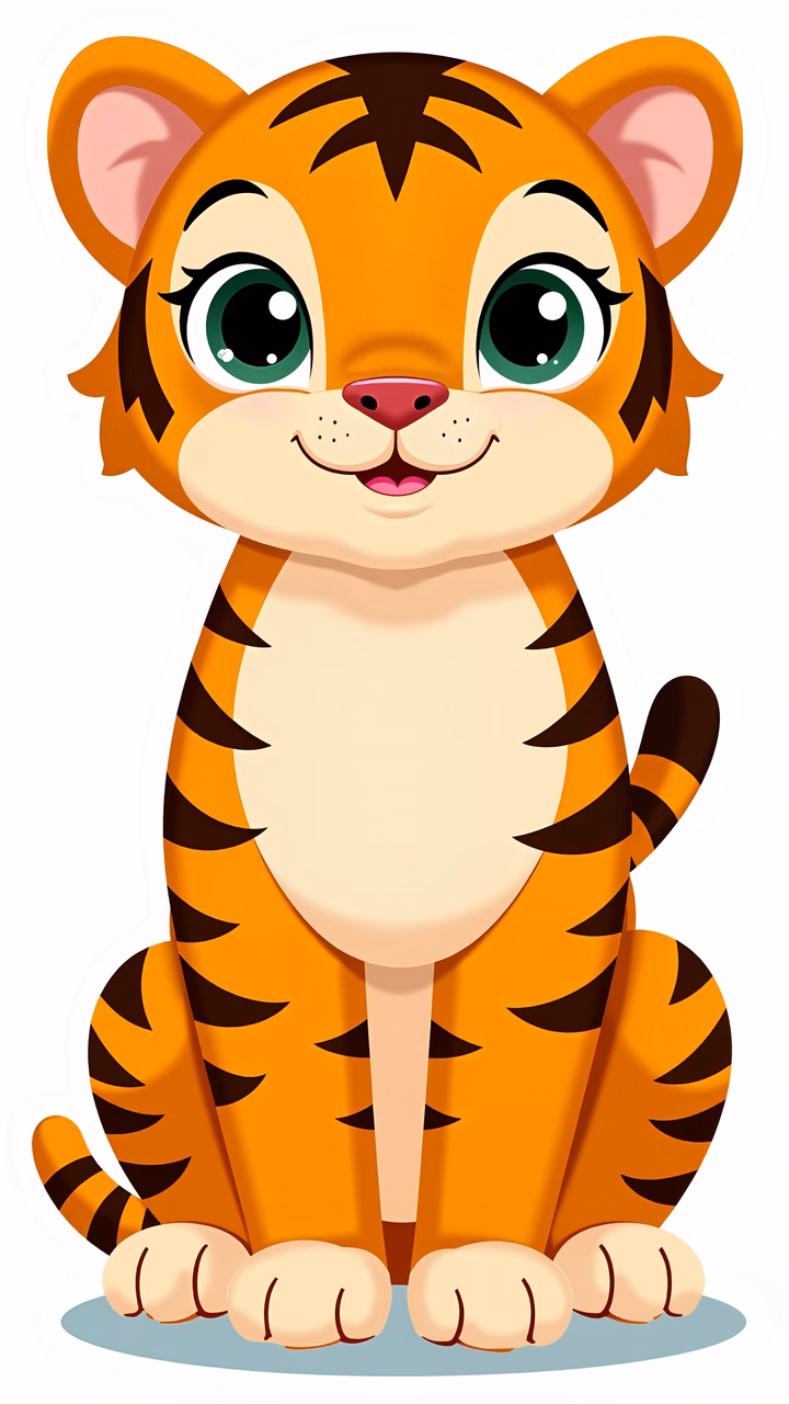 A cute cartoon tiger with big eyes and a friendly smile, perfect for children's art.