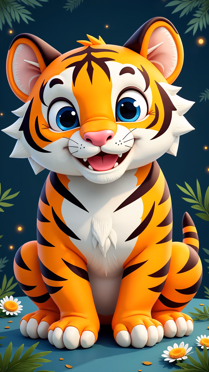 A cute cartoon tiger surrounded by nature, perfect for children's art.
