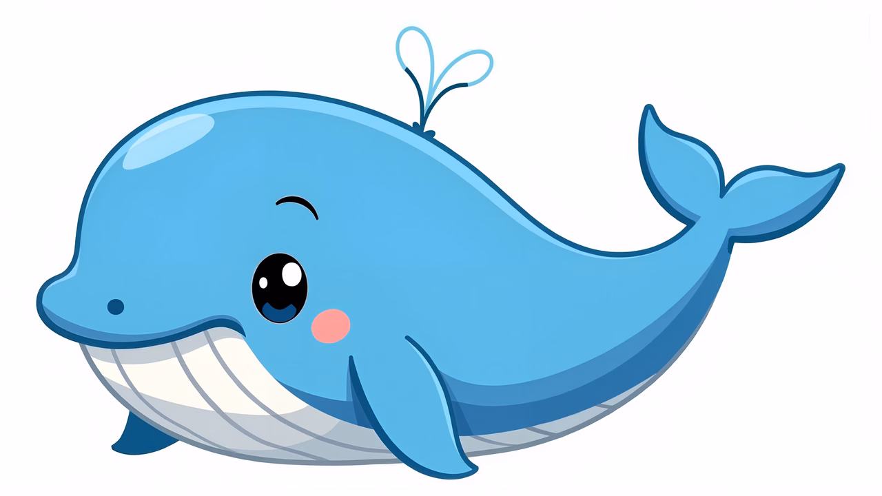 A cute cartoon whale with big eyes and a smile, ideal for children's art.