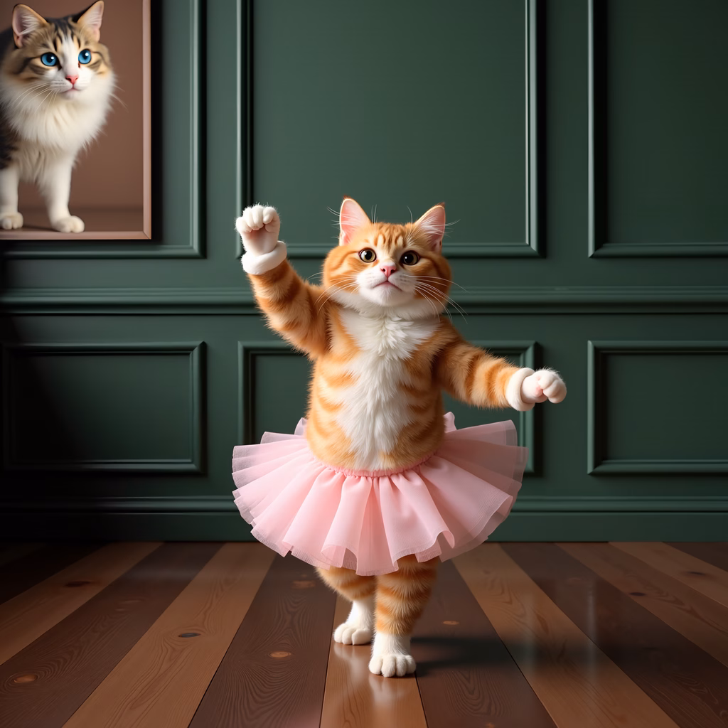 A cute cat in a tutu dancing gracefully on a wooden floor, watched by another curious cat.