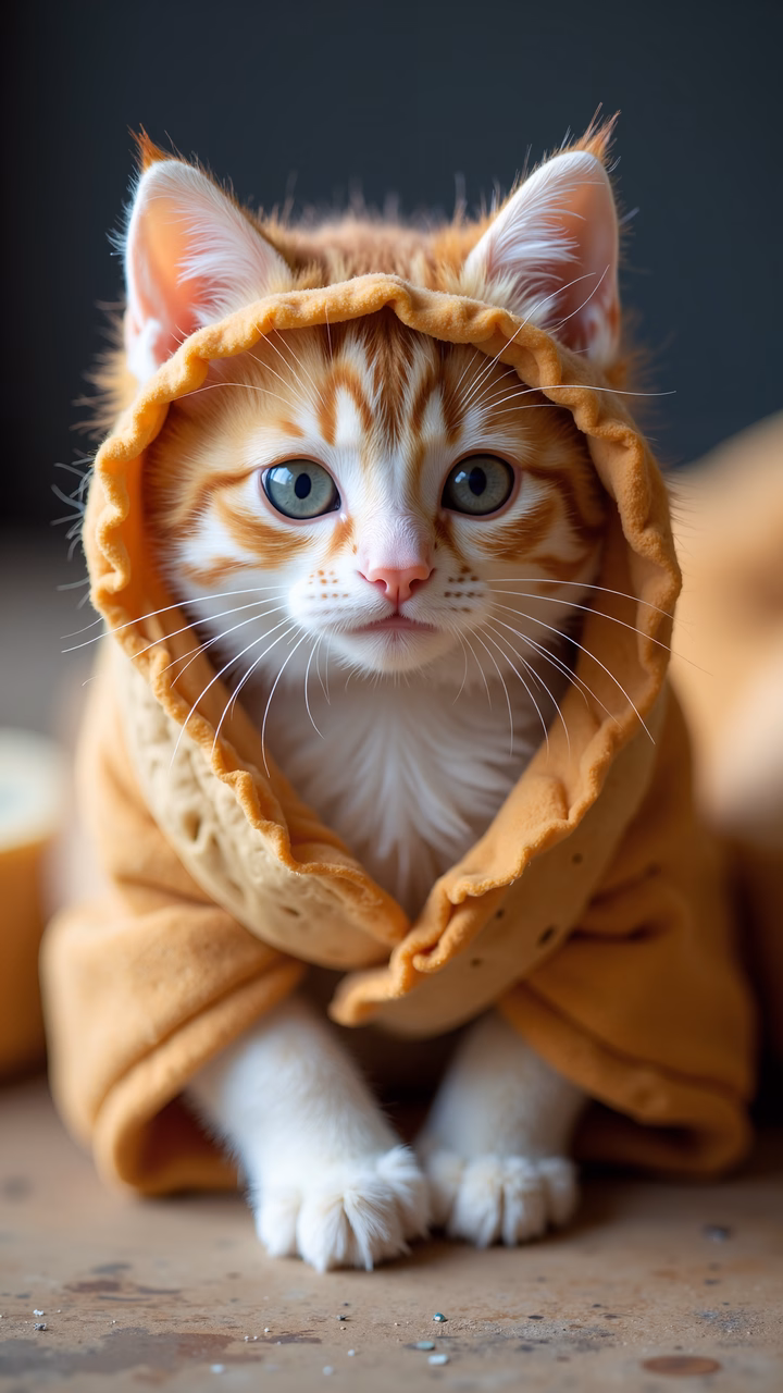 Cute ginger cat in a hoodie, close-up shot.