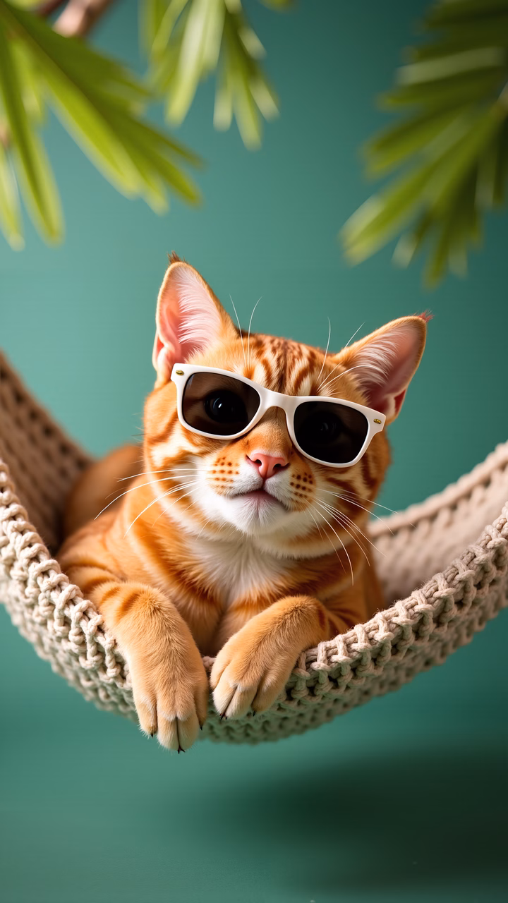 Cute cat lounging in sunglasses, relaxing in a hammock against a teal backdrop.