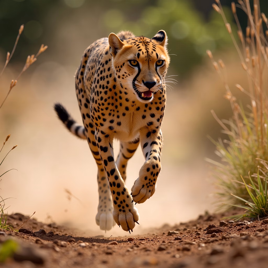 Dynamic close-up of a cheetah running, showcasing its agility and speed in natural light.