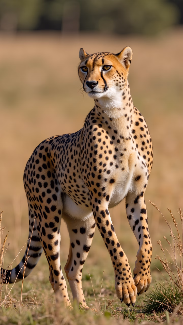Close-up of a cheetah in a grassy savanna, showcasing its striking spotted coat and alert posture.