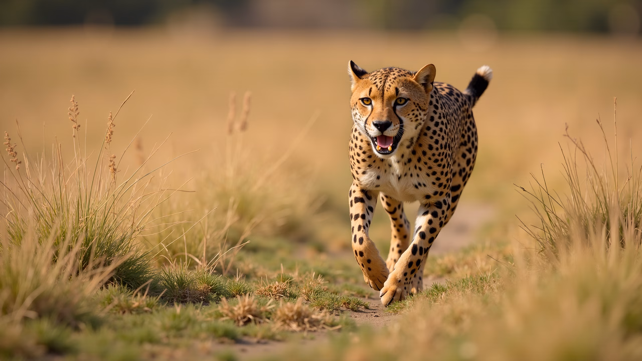 A cheetah captured mid-stride in a vibrant savanna landscape.