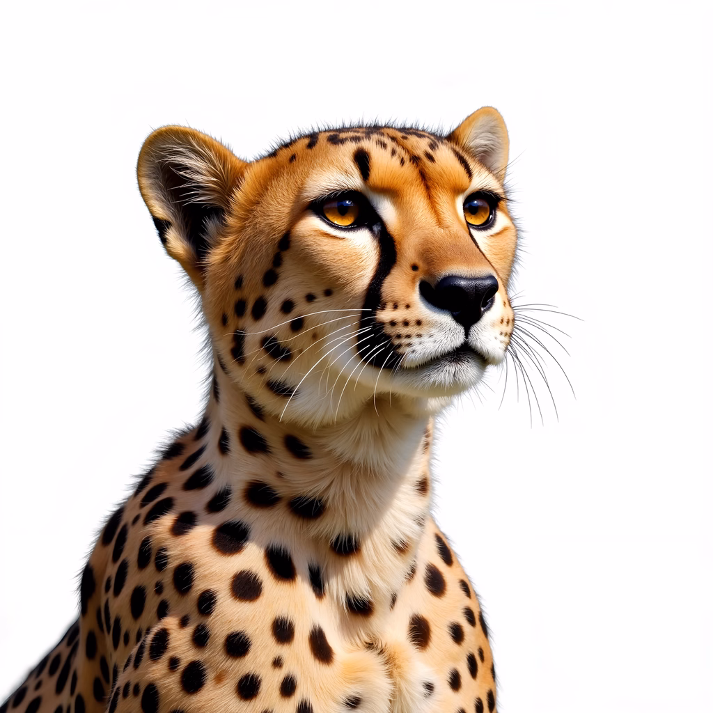 Close-up portrait of a cheetah with golden fur and black spots against a white background.