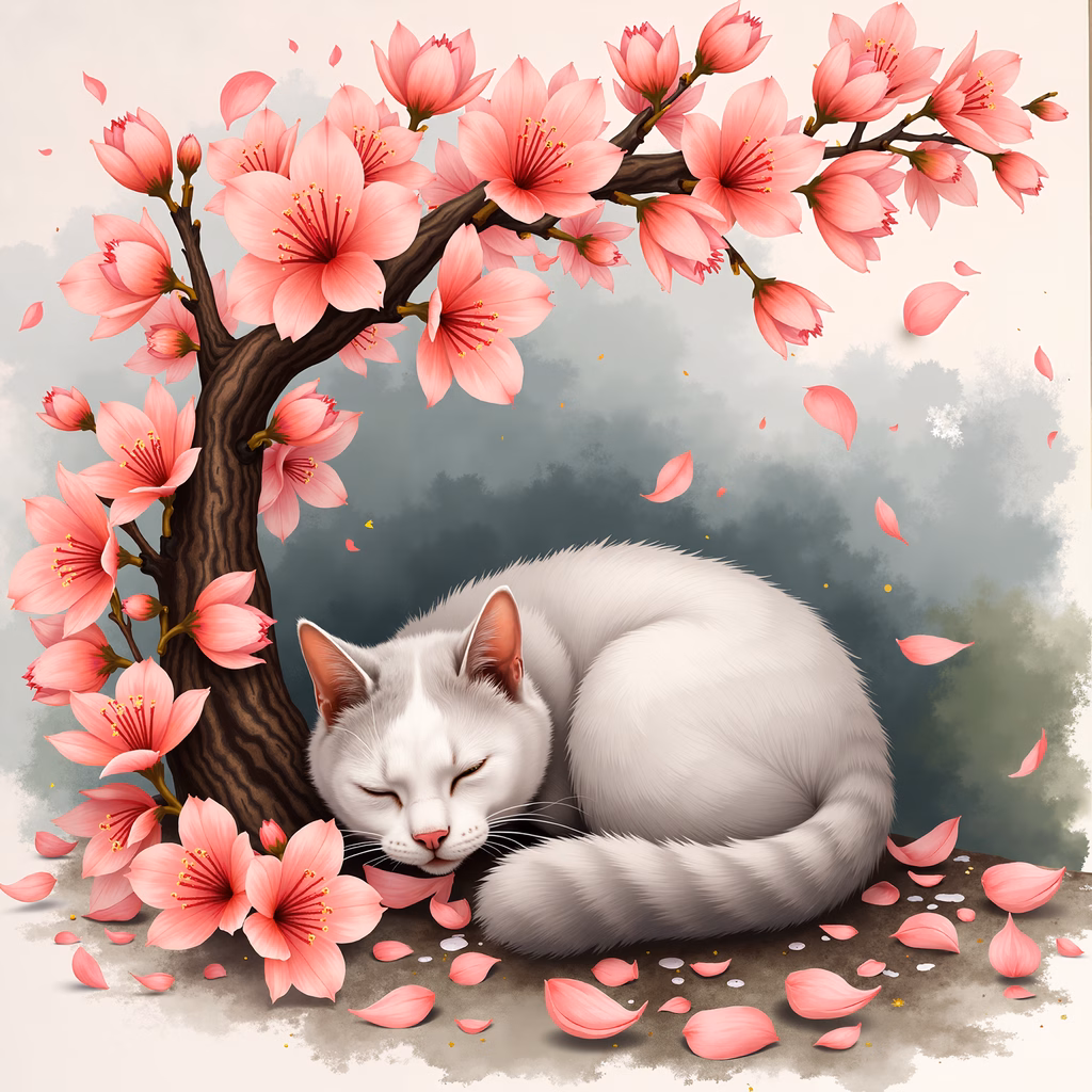 A peaceful white cat sleeping under cherry blossoms in a serene setting.